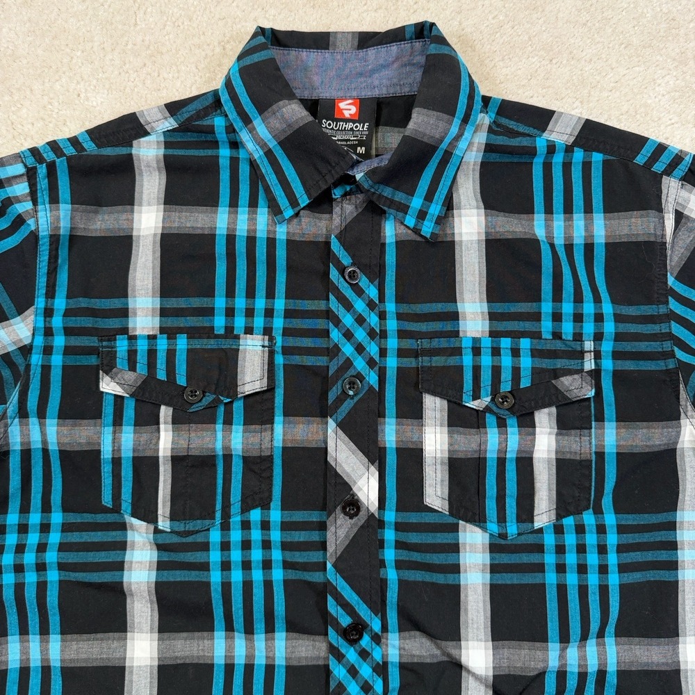 Vintage SouthPole Shirt Mens Medium Black Plaid Button Up Longsleeve